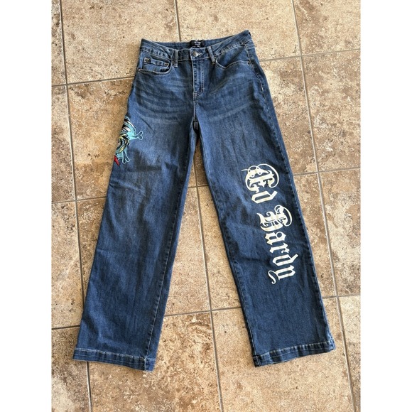 Ed Hardy Denim - Ed Hardy Y2K Wide Leg Embroidered Logo Jeans 28